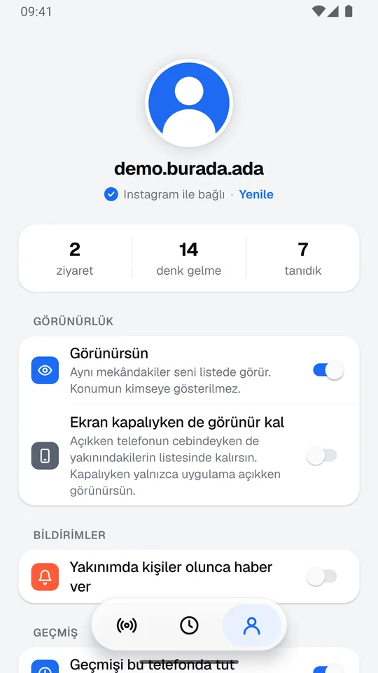 Profil ekranı: görünürlük ve bildirim ayarları